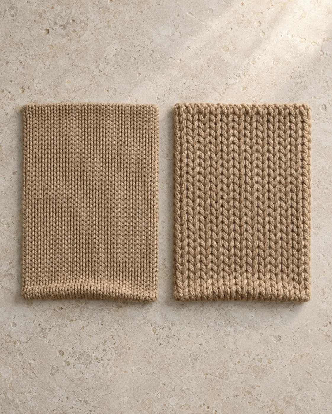 Two camel stockinette panels, with finer yarn and smaller stitches on the left and coarser yarn and larger stitches on the right