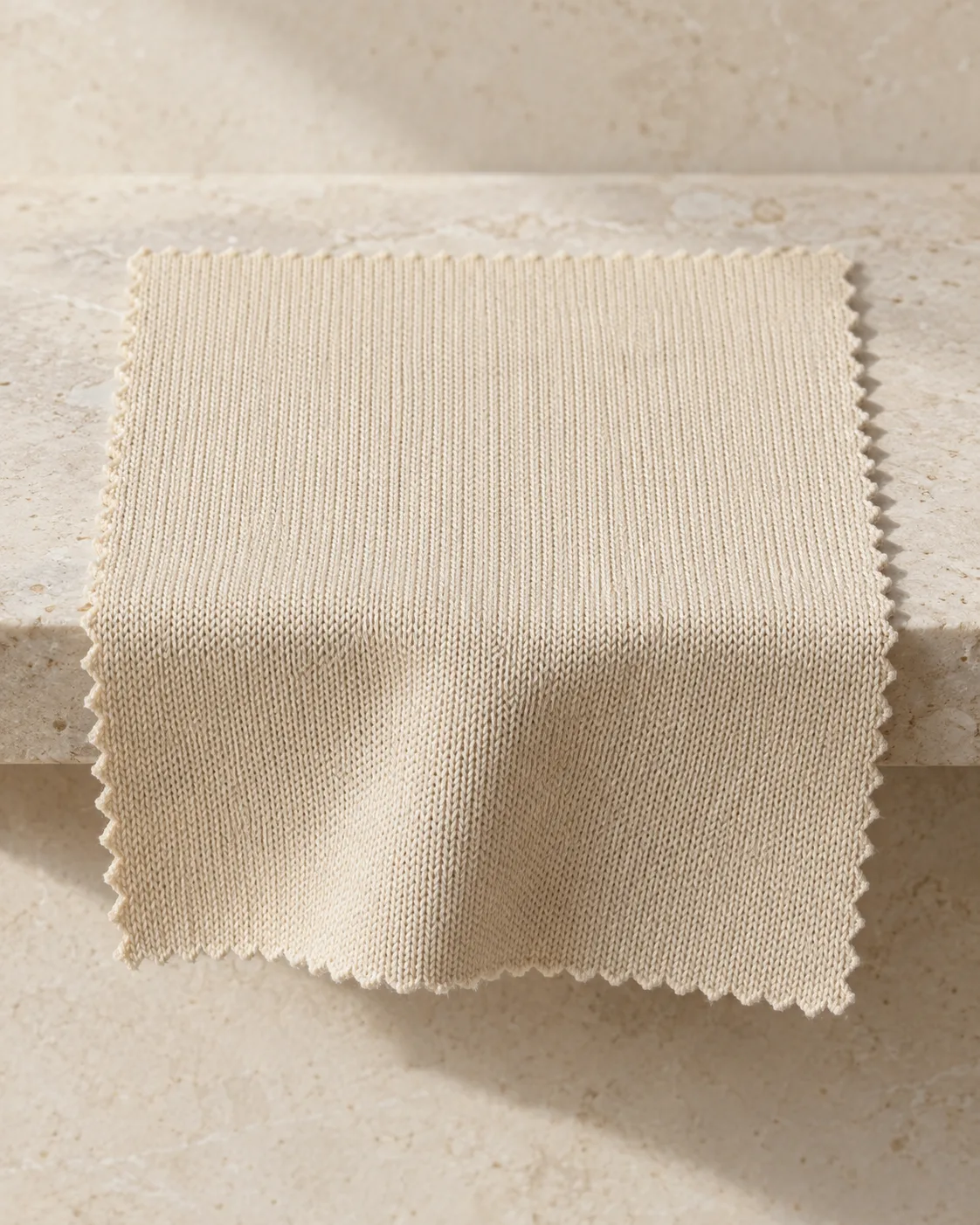 One cream single-jersey swatch draped over a stone edge