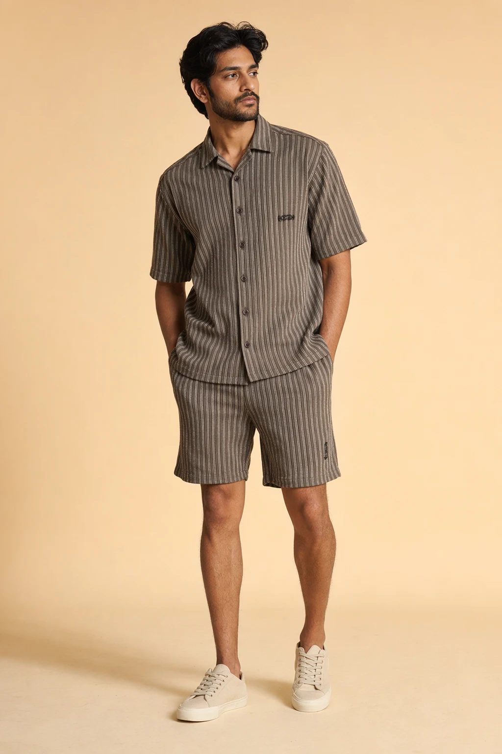 Co ords man brown grey vertical stripe shirt