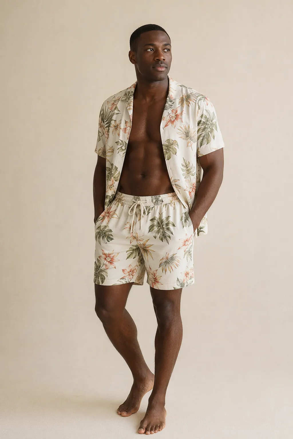 Co ords man cream tropical floral print drawstring