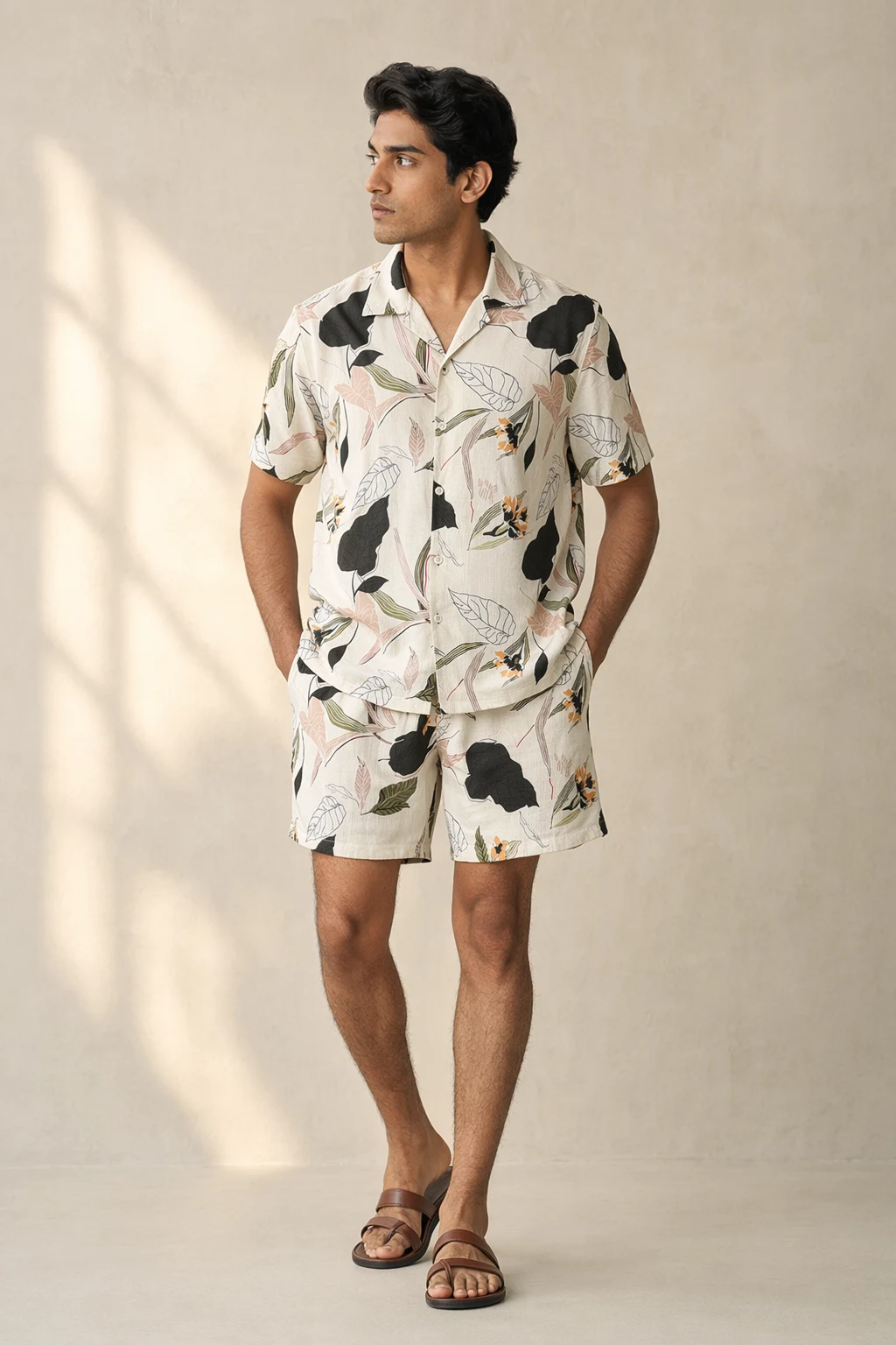 Co ords man cream tropical floral print shirt