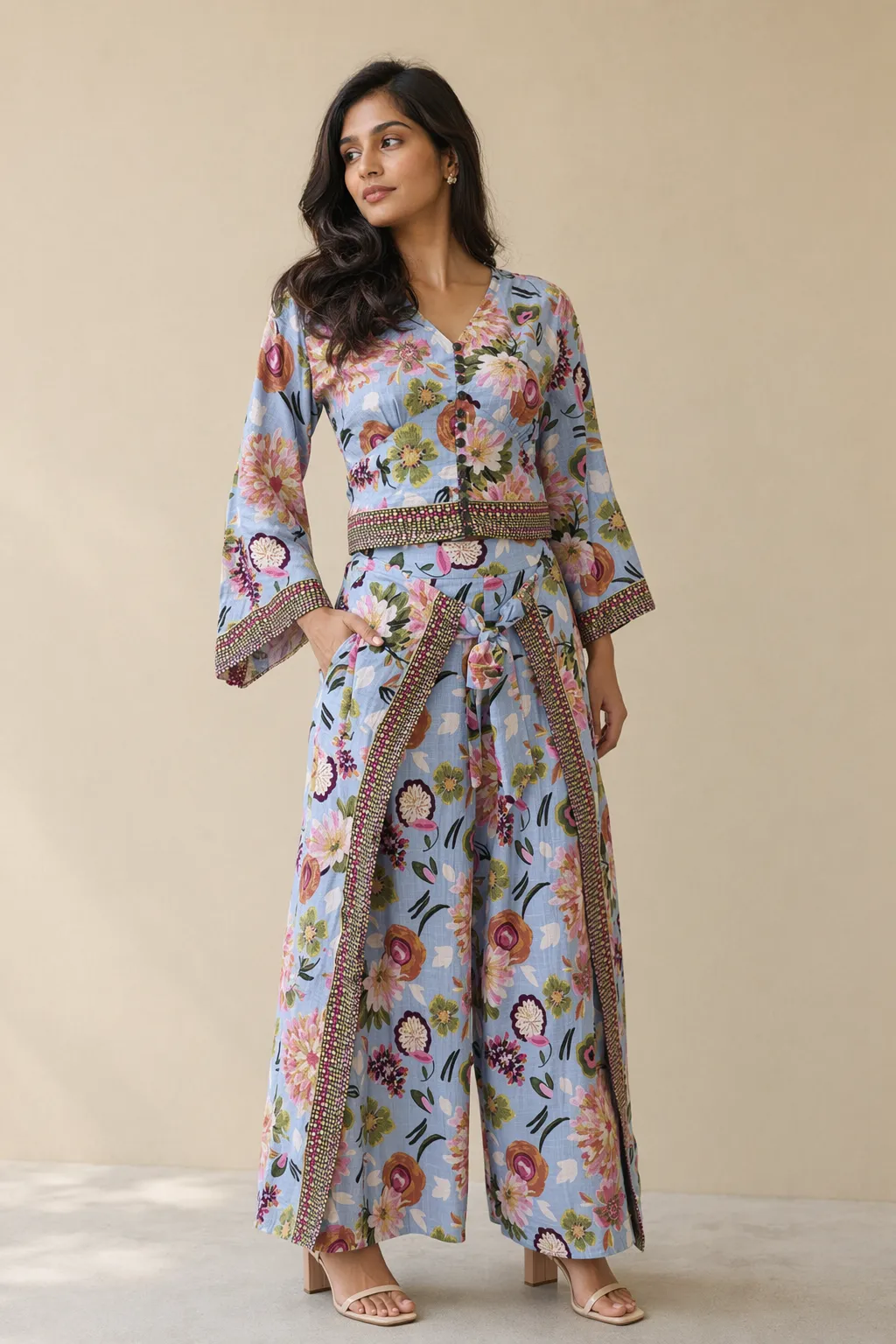 Co ords woman blue floral palazzo set