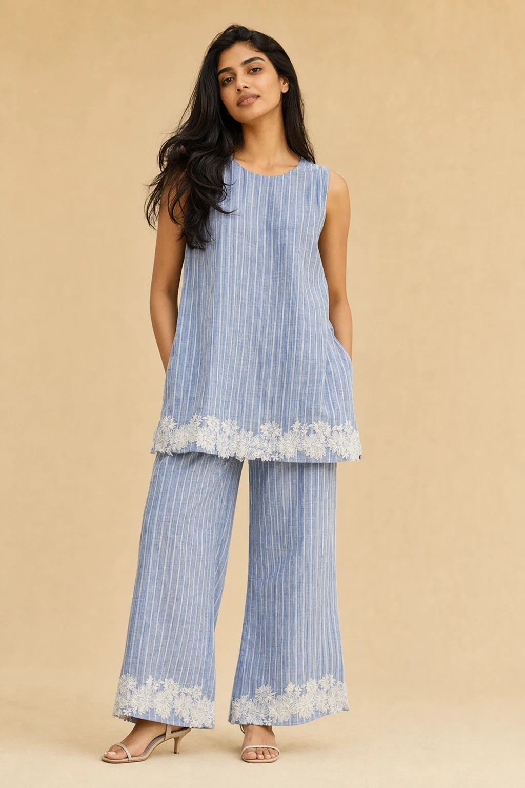 Co ords woman chambray blue striped tunic top
