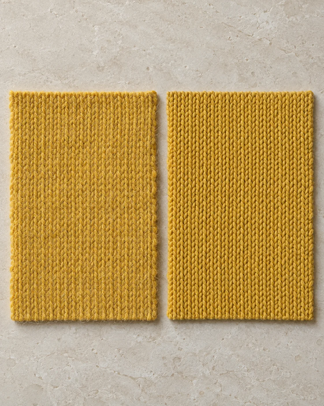 Two mustard cotton single-jersey swatches on limestone, carded on the left and combed on the right