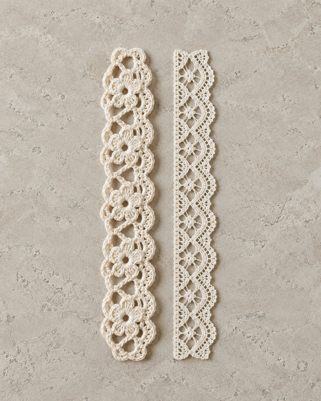 Two ivory trims on limestone: crochet flowers joined by open loops on the left and finer scalloped lace on the right