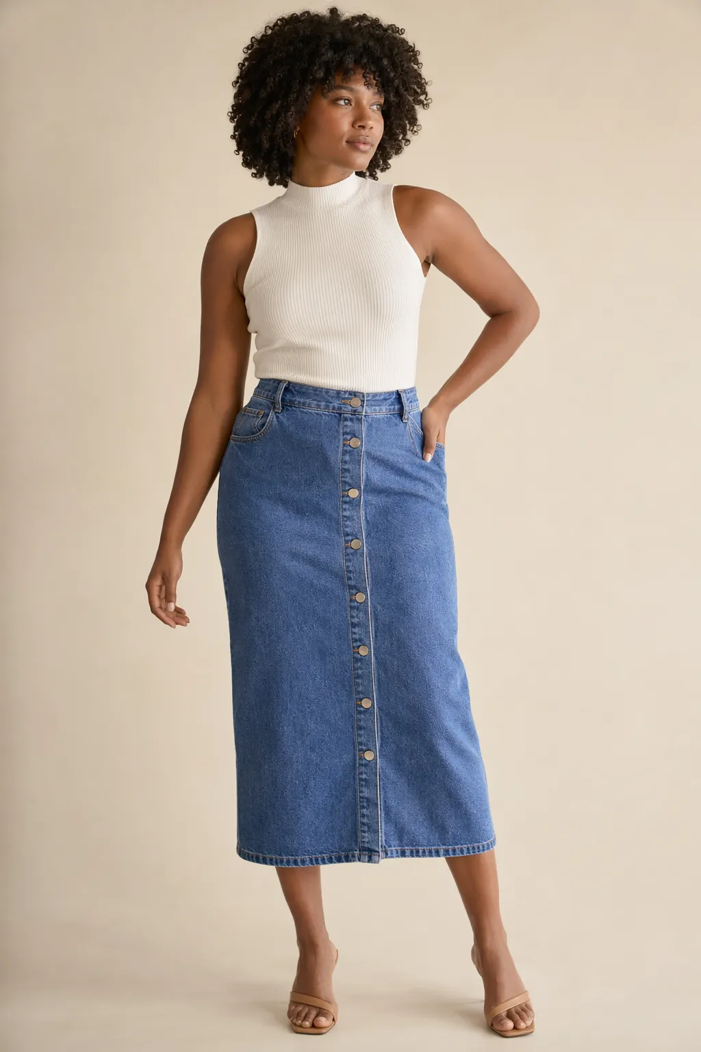 Denim woman button front midi skirt
