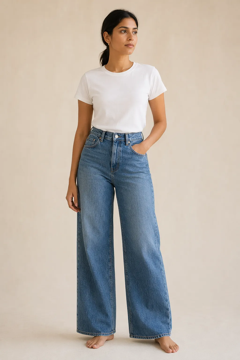 Denim woman mid wash wide leg