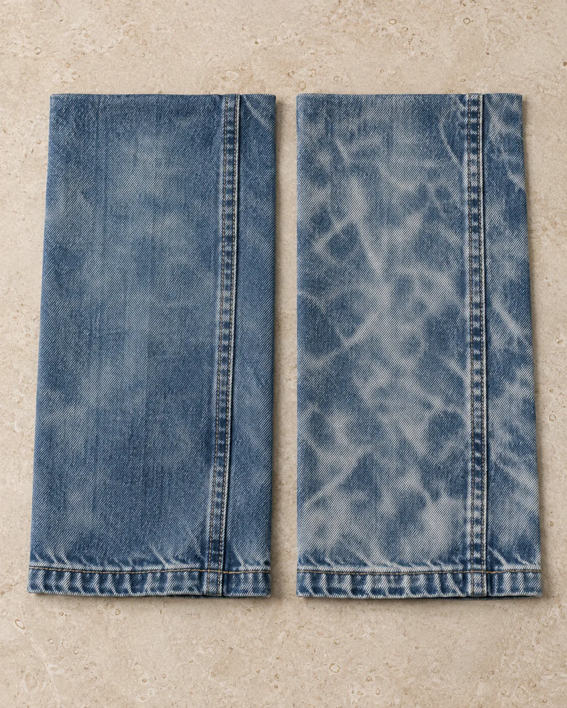 Two sewn denim lower-leg panels: stone wash on the left and acid wash on the right