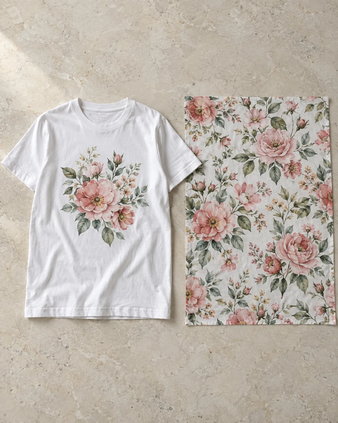 The same watercolour botanical printed two ways: a placed chest print on a white T-shirt on the left, an all-over print on white cotton fabric on the right