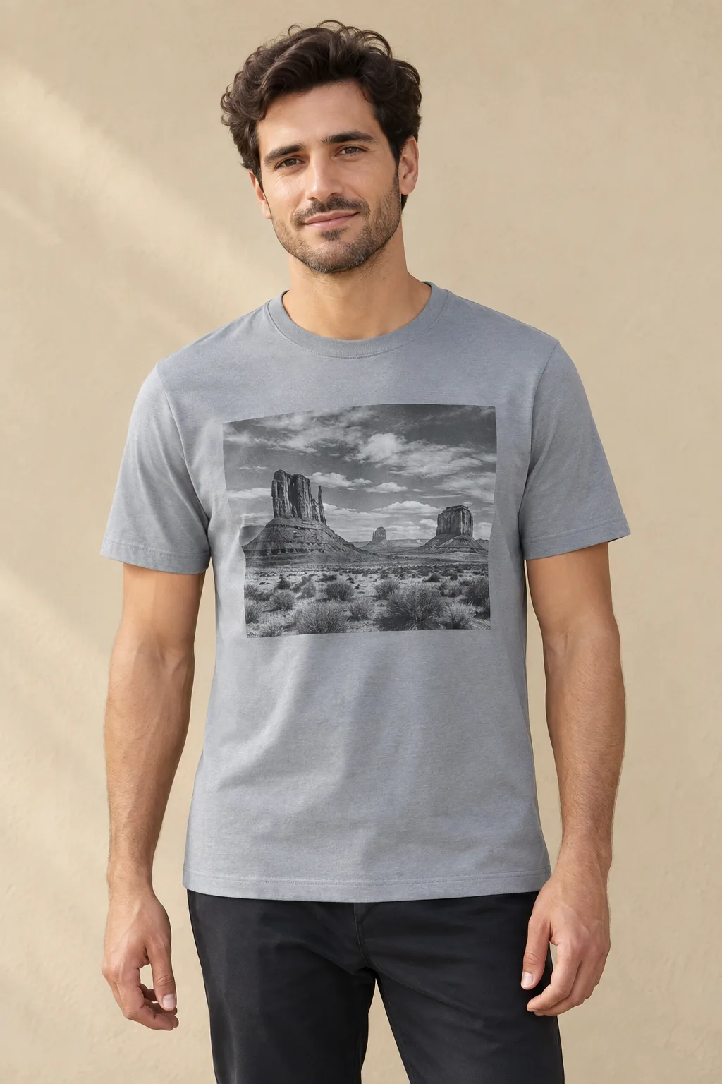 Grey crew-neck T-shirt with a black-and-white desert photograph printed on the chest