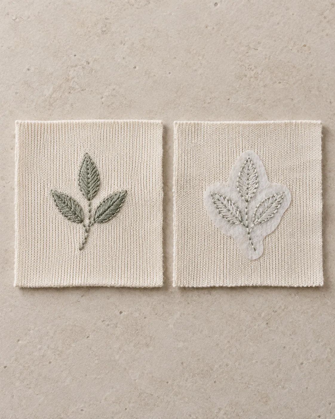 Front and reverse of a sage leaf motif on ecru jersey, with bobbin stitching and trimmed backing on the reverse