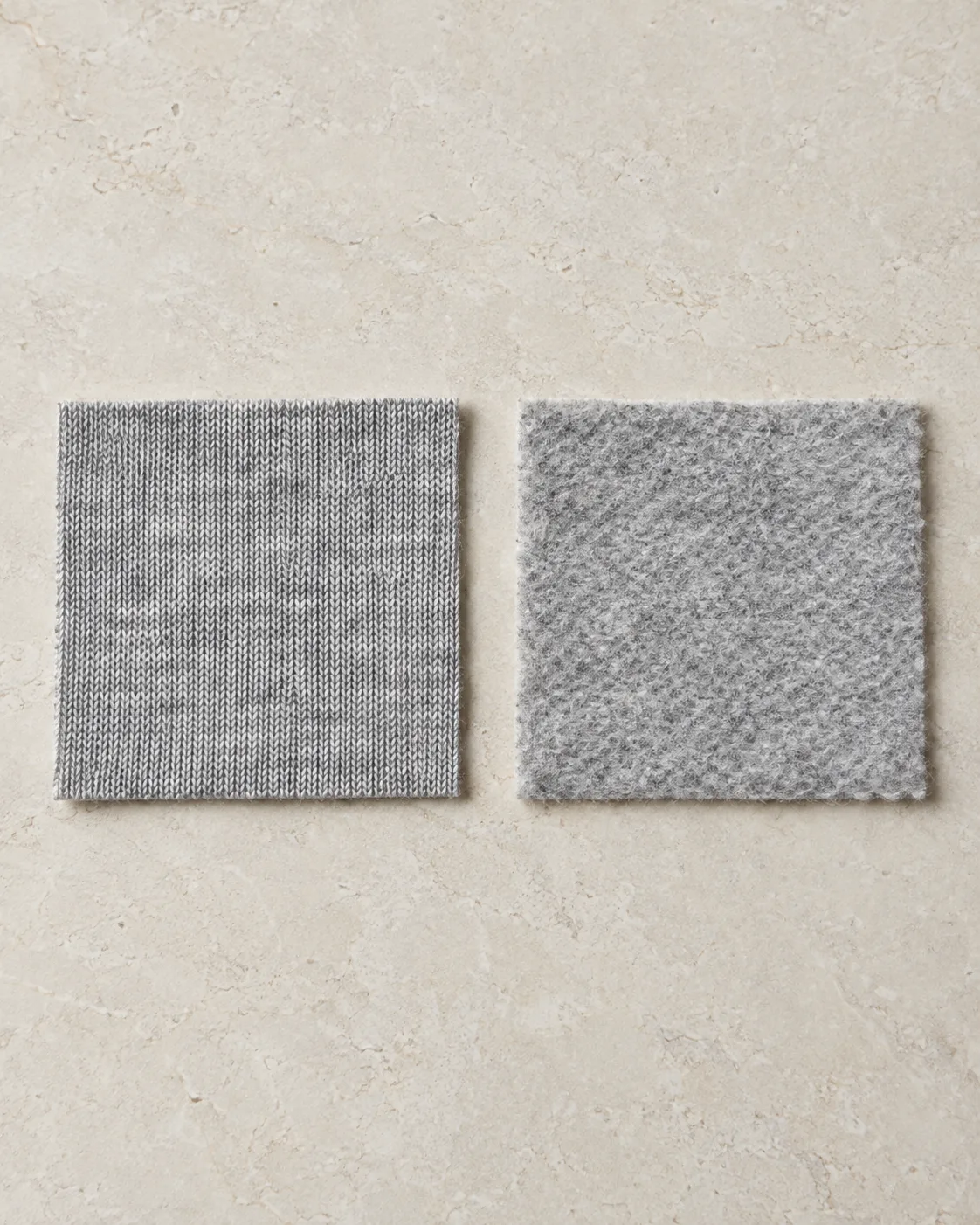Two grey fleece swatches showing the smooth jersey face on the left and the brushed back on the right