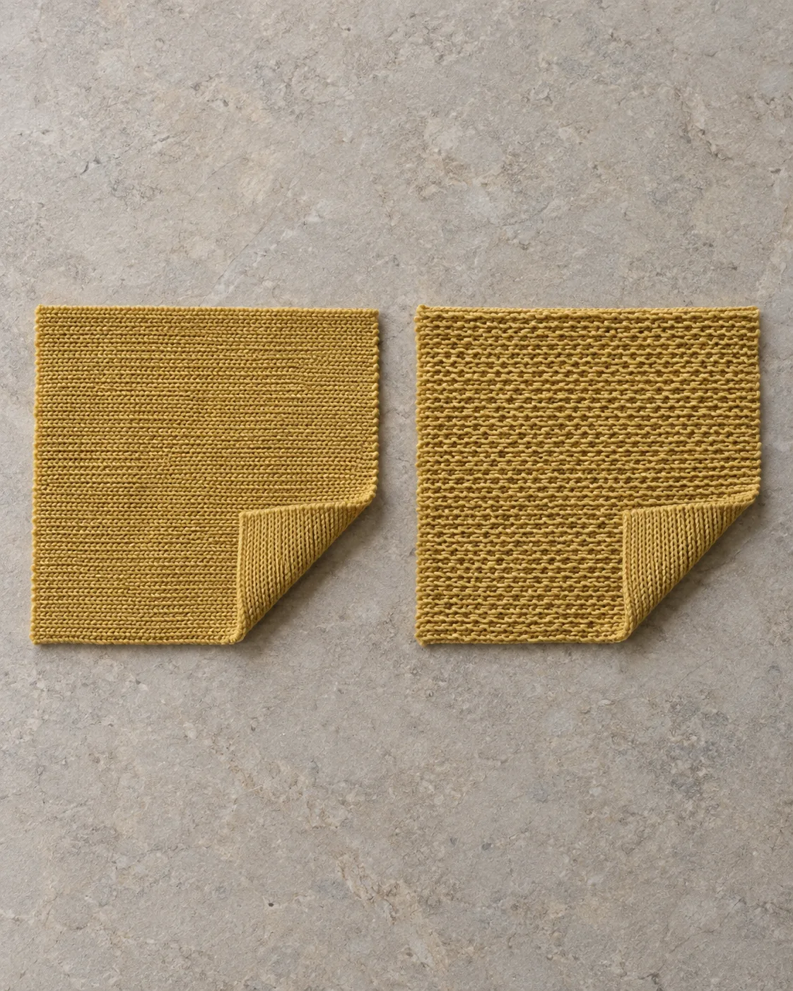 Two ochre knit swatches: single jersey with rows of crowns on the left and French terry with back loops on the right, with corners folded to reveal their faces