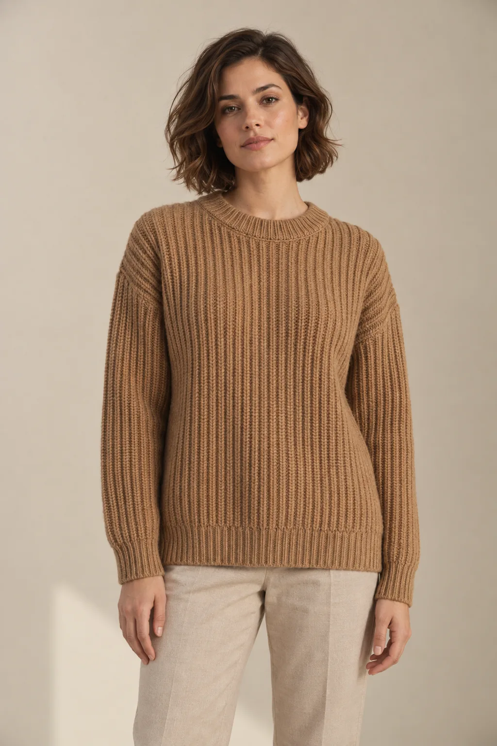 Camel rib-knit sweater with dropped shoulders