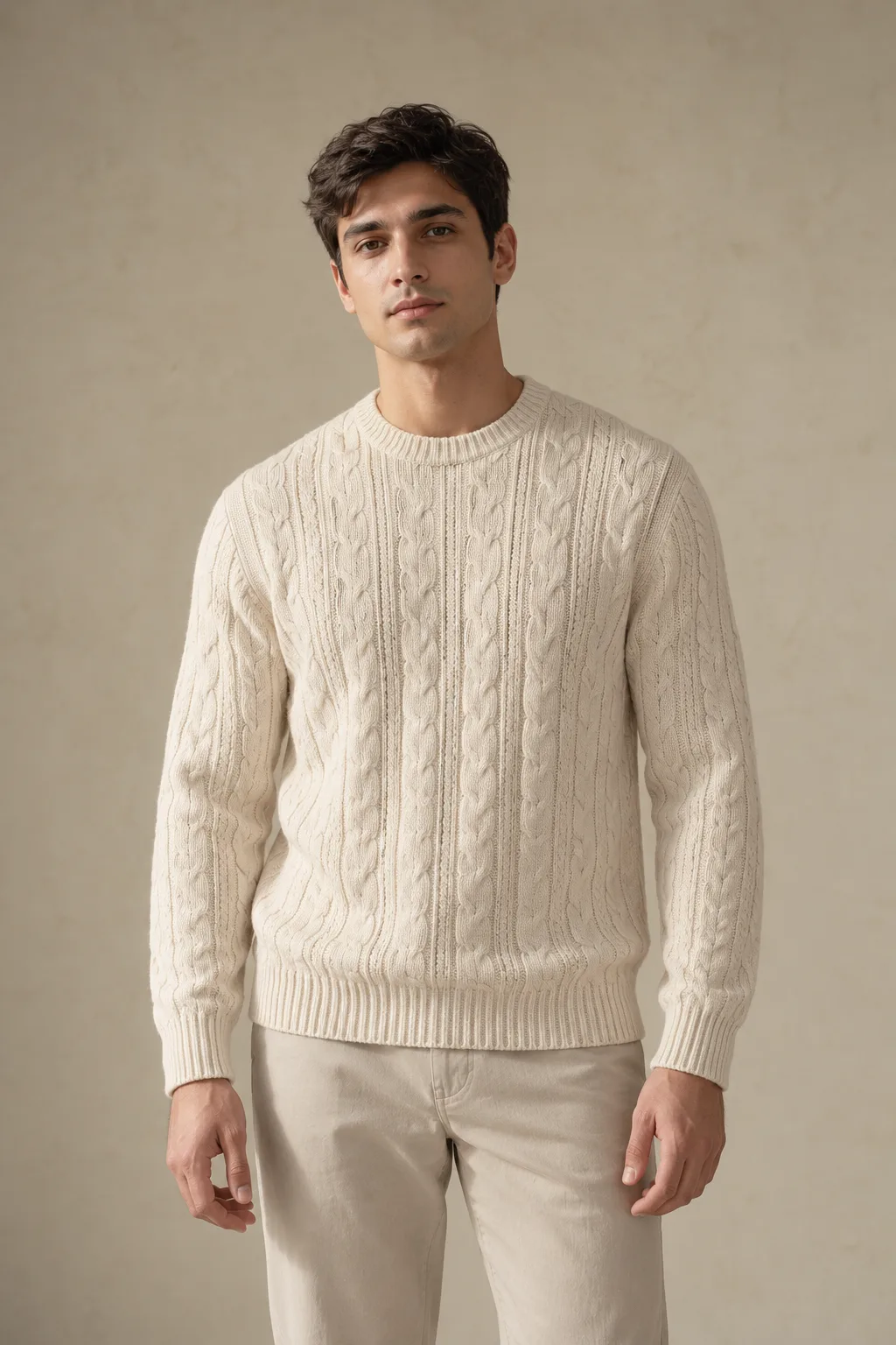 Ecru cable-knit crew-neck sweater