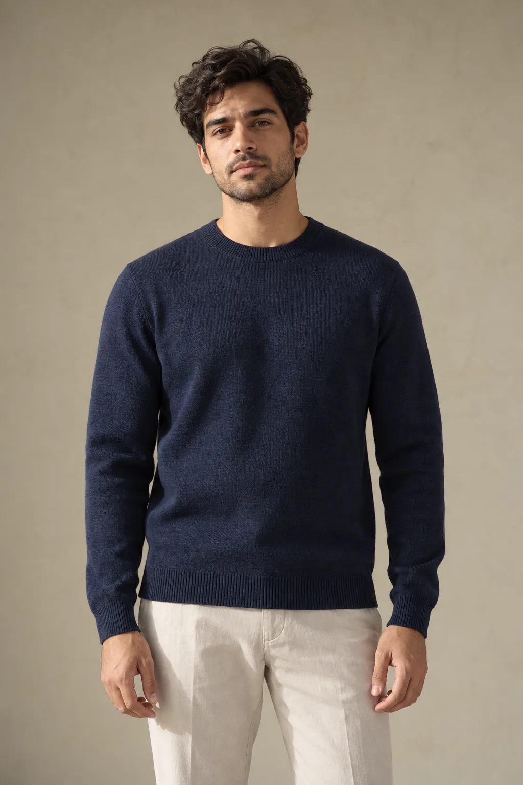 Navy plain-knit crew-neck sweater