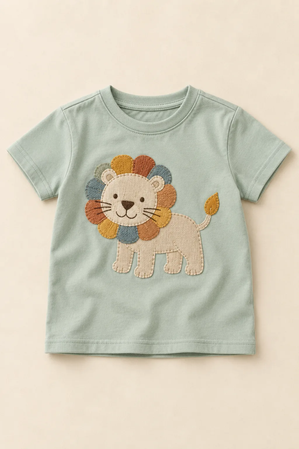 Sage kids' T-shirt with a stitched fabric lion appliqué