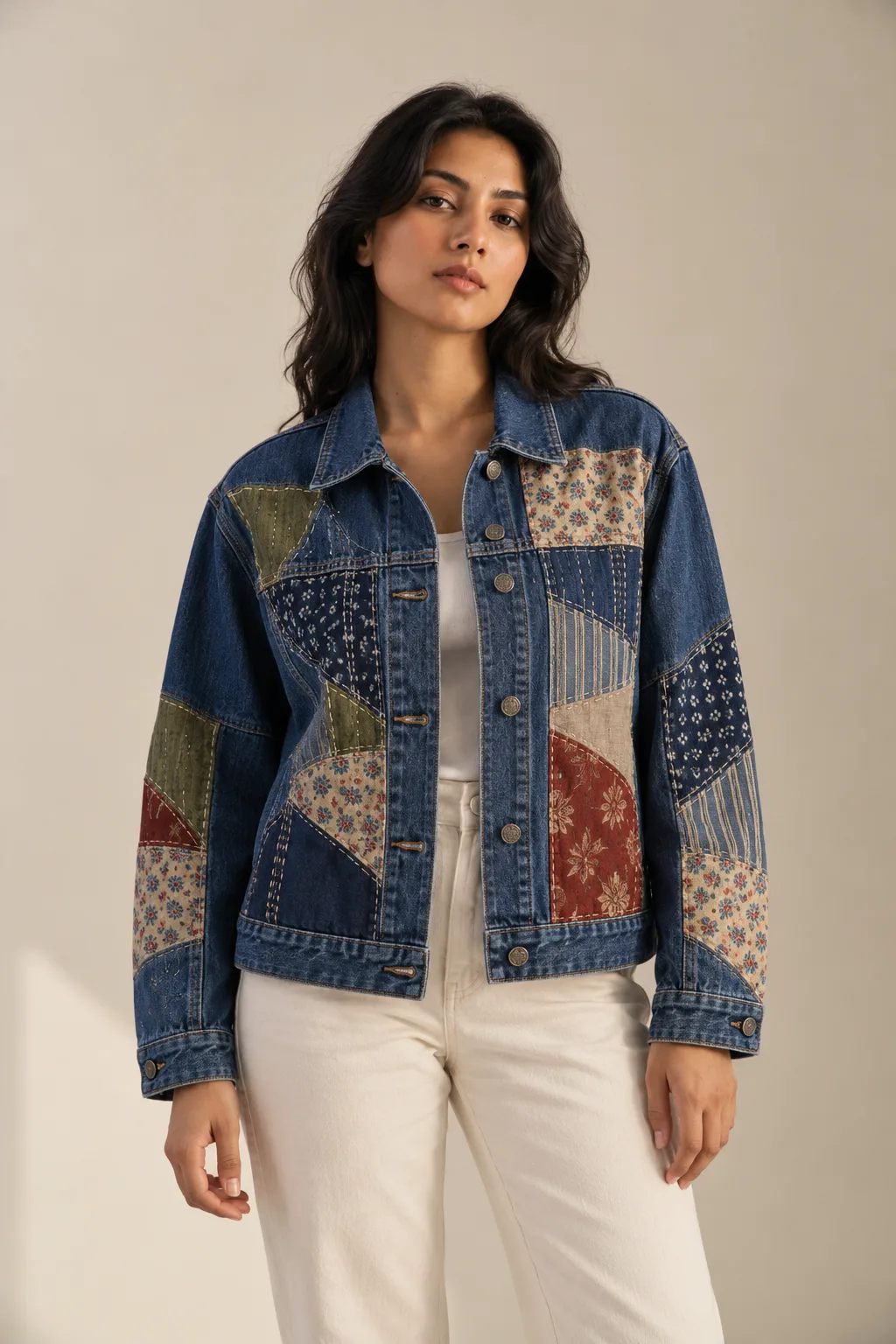 Denim jacket with printed fabric panels stitched over the denim