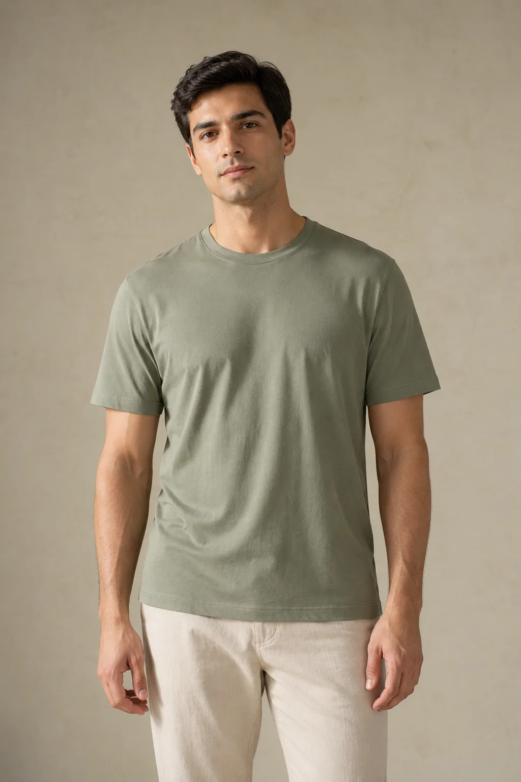 Man wearing a sage crew-neck T-shirt