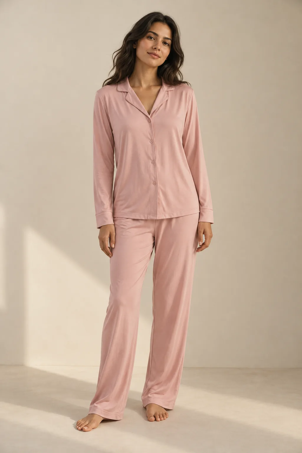 Woman wearing a blush button-front pyjama shirt and trousers