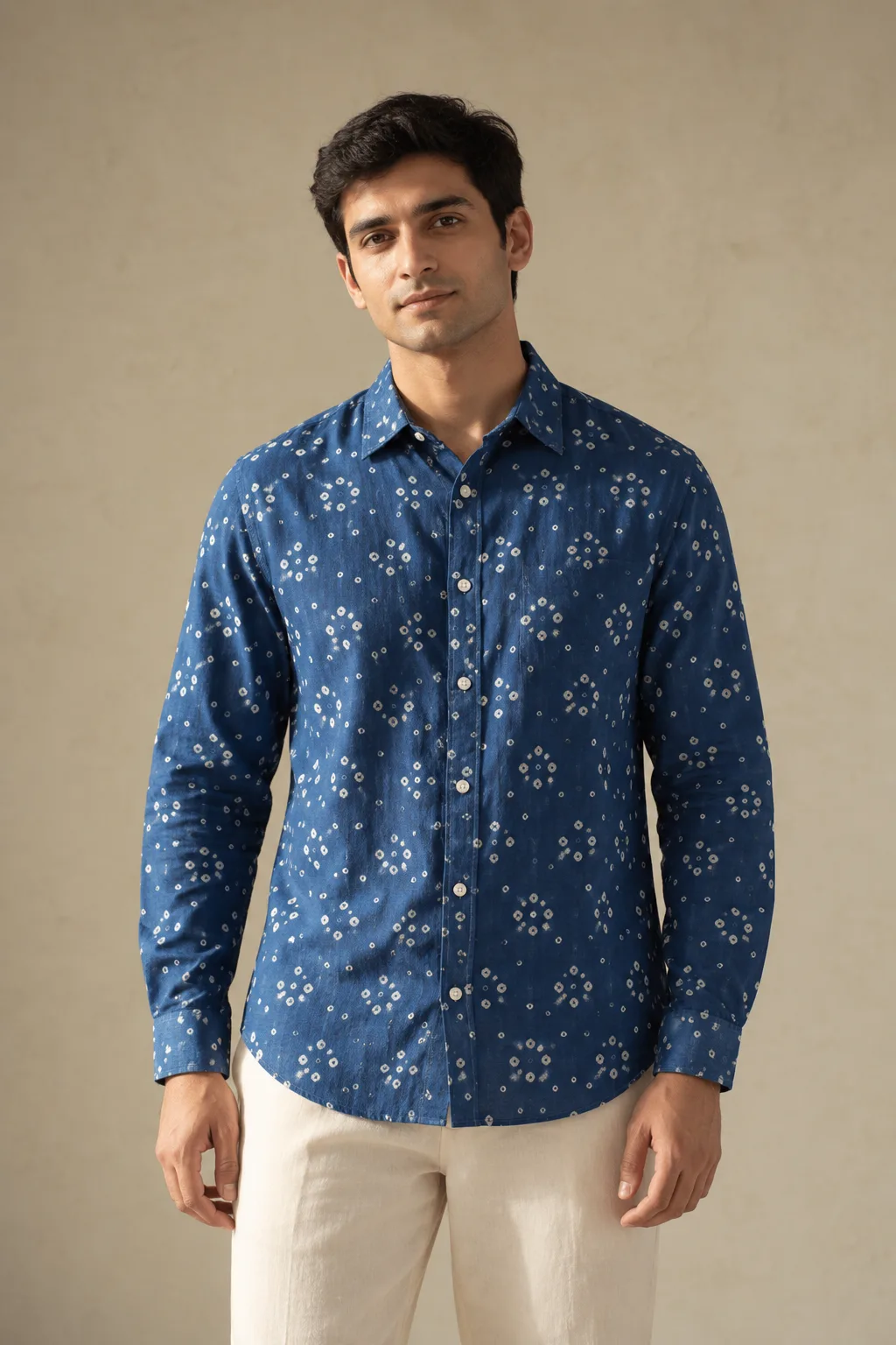 Indigo blue cotton shirt with white bandhani dot clusters