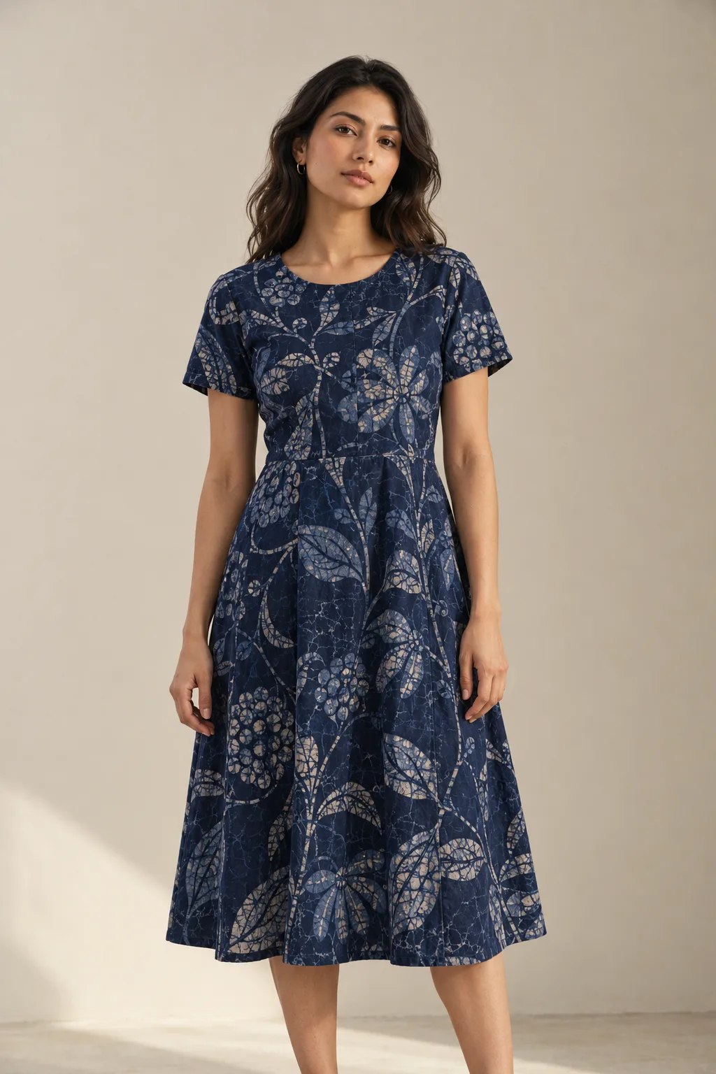 Indigo batik cotton dress with crackle veining