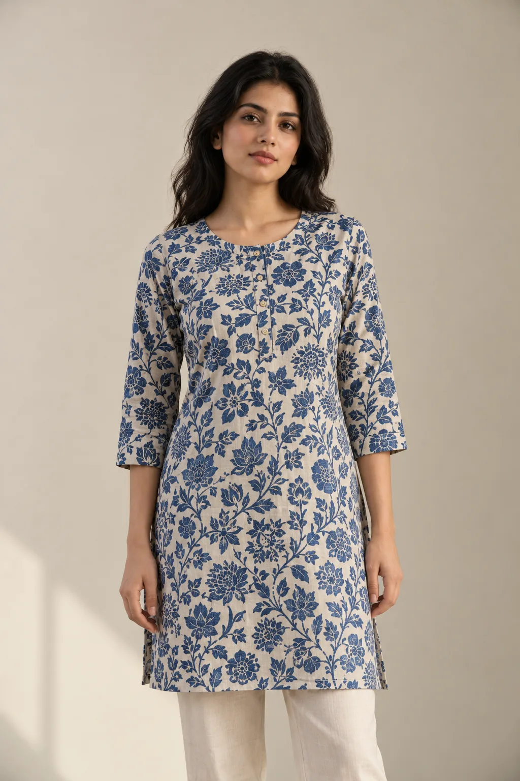 Cream cotton kurta top block-printed with an indigo floral