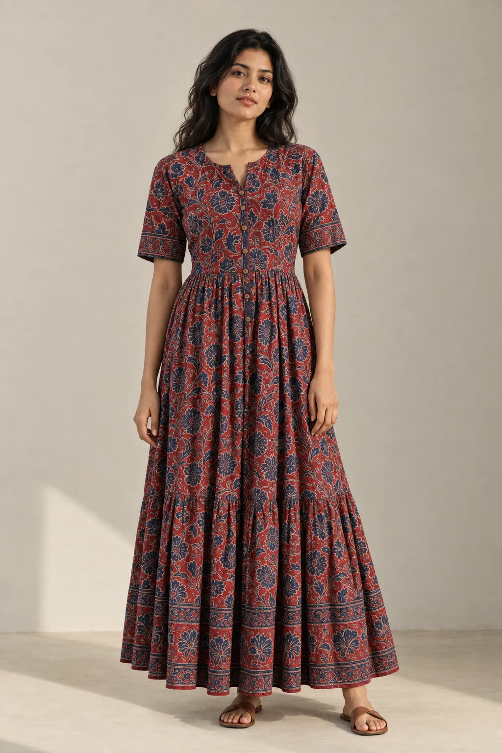 Red and indigo floral maxi dress with printed borders at the sleeves and hem