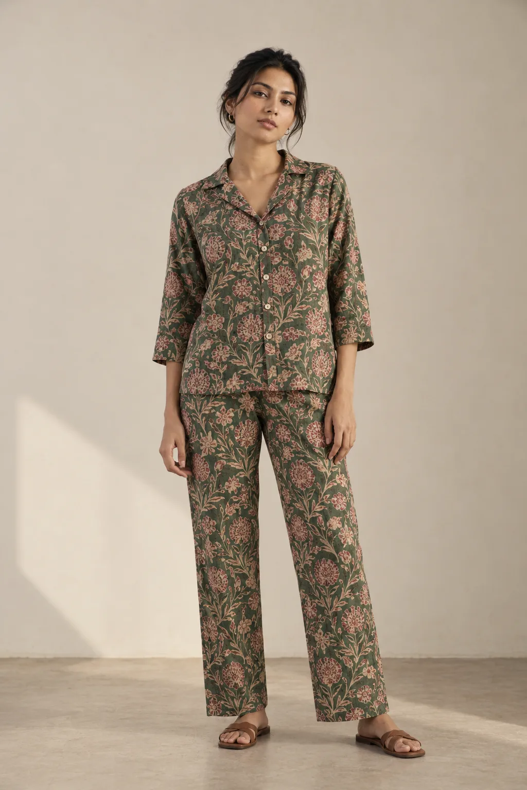 Green and rose floral block-printed cotton shirt and trouser set