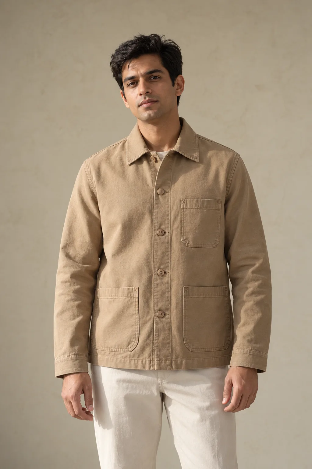 Tan cotton canvas chore jacket with patch pockets