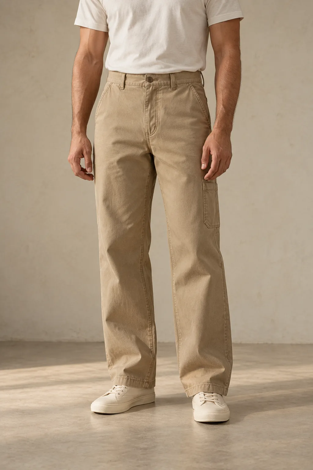 Khaki canvas work trousers with a side utility pocket