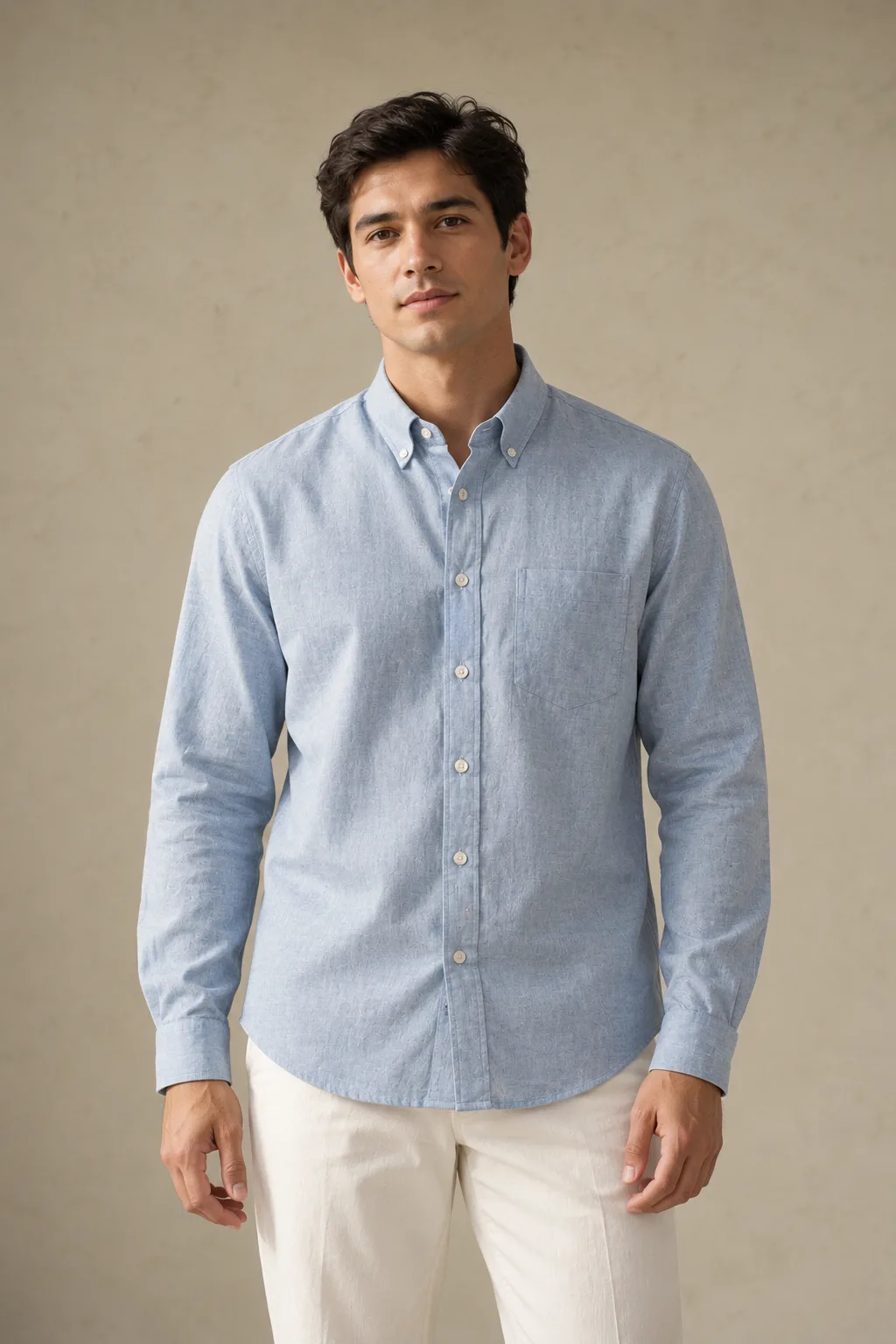 Pale blue chambray button-front shirt for men