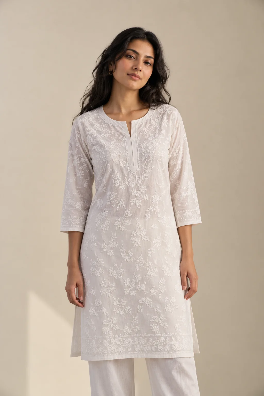 White cotton kurta top with white floral chikankari