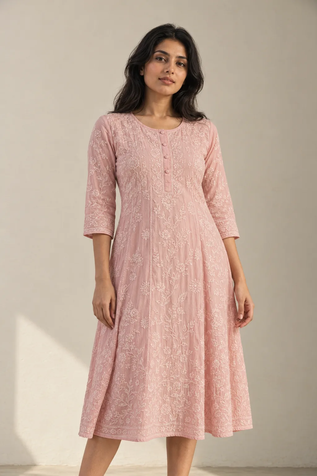 Pastel pink midi dress with all-over chikankari