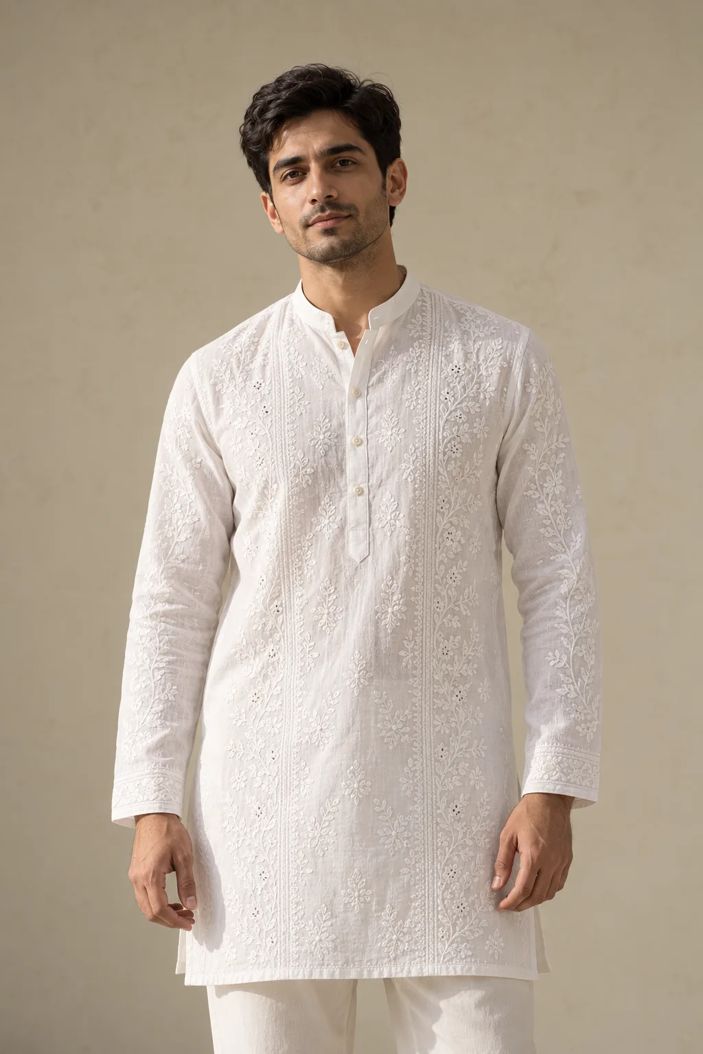 White men's kurta with chikankari panels down the front and sleeves