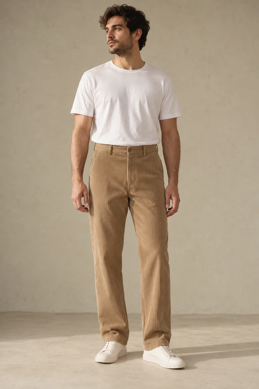 Tan straight-leg corduroy trousers