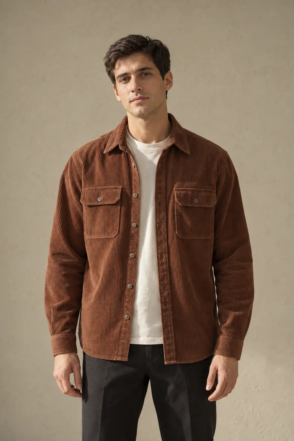 Rust-brown corduroy overshirt with two flap chest pockets