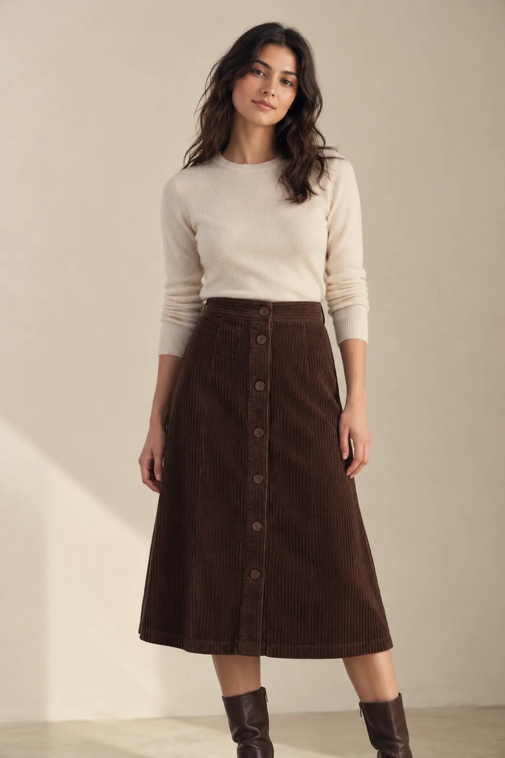 Dark brown button-front corduroy midi skirt