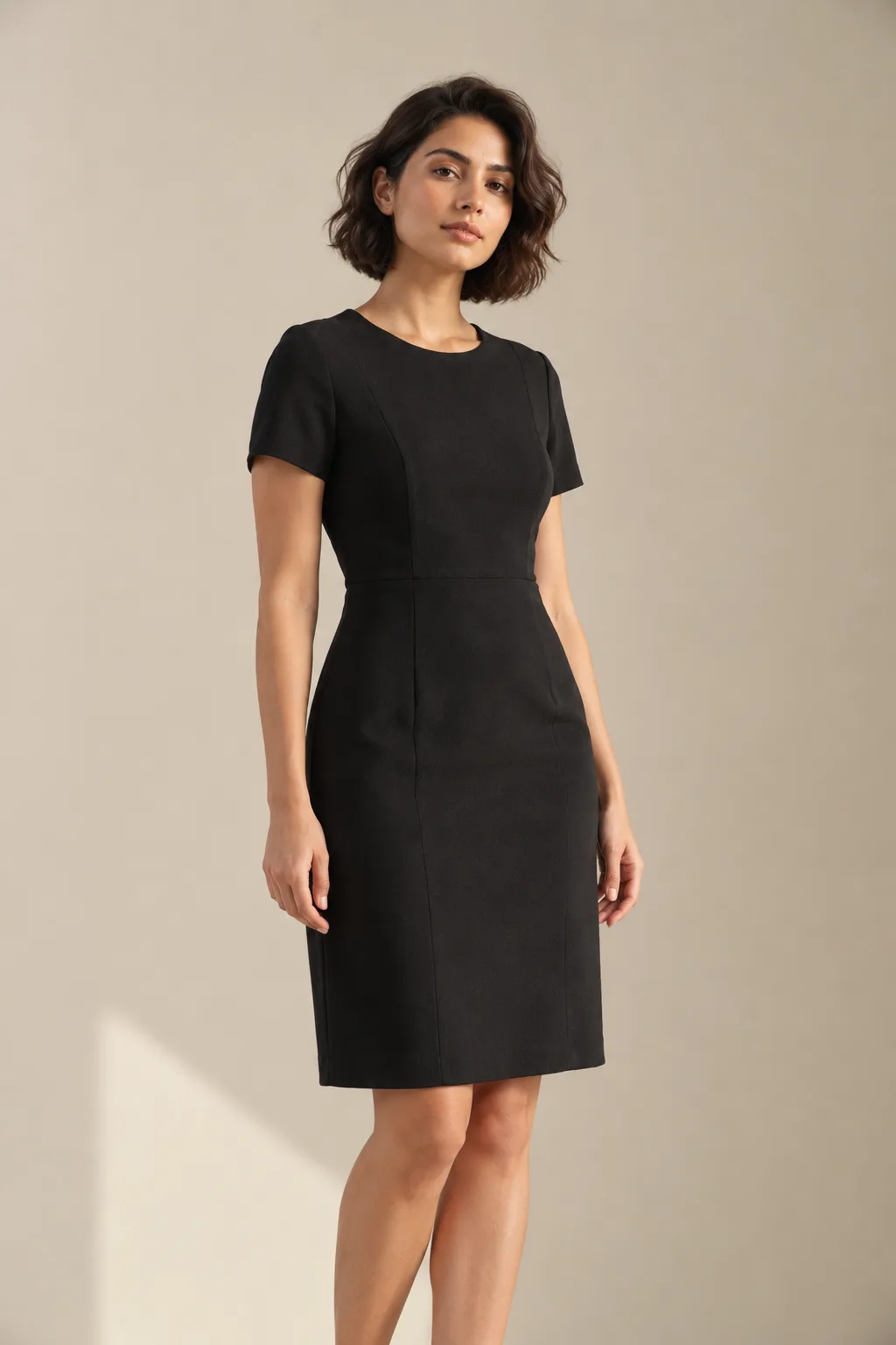 Black crepe tailored sheath dress with short sleeves