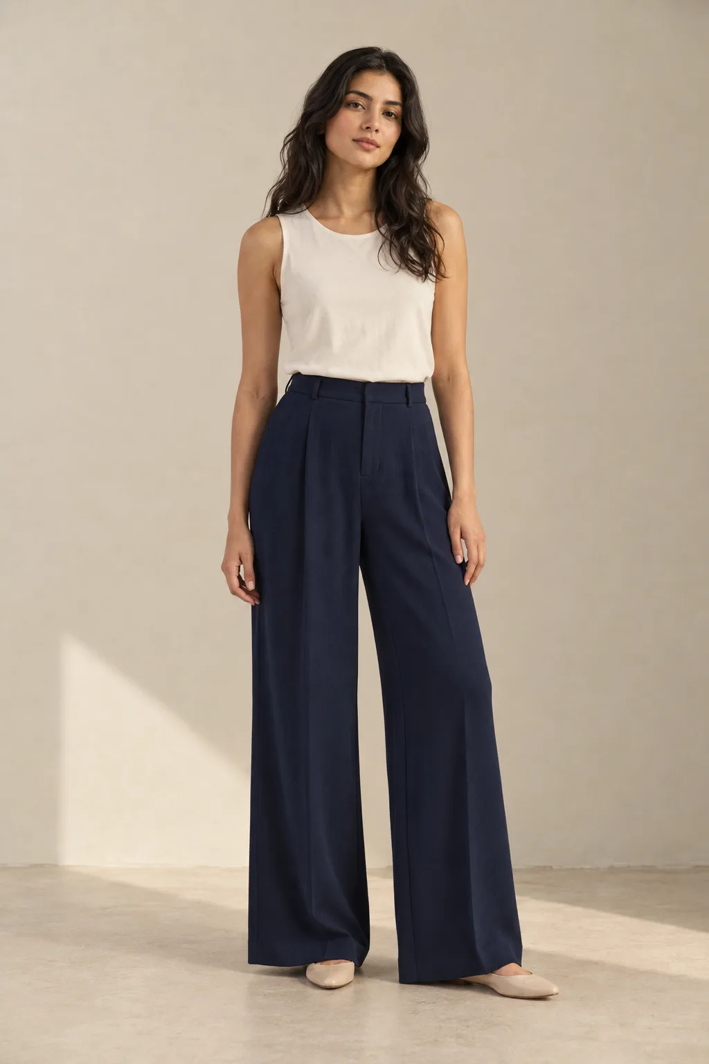 Navy crepe wide-leg trousers with front pleats