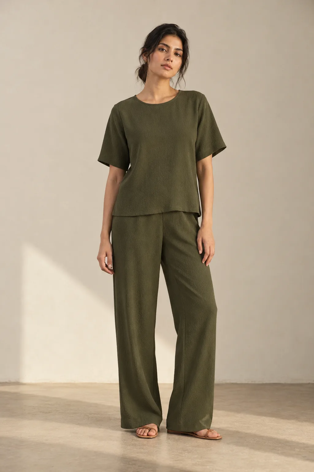 Olive textured short-sleeved top and matching trousers