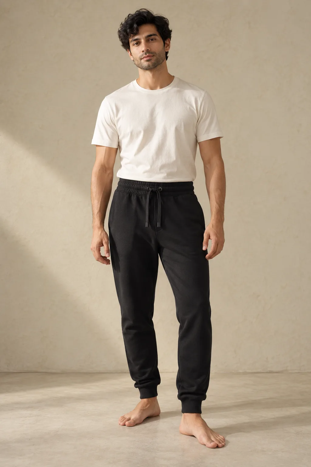 Man wearing black joggers with a drawcord waist and rib cuffs