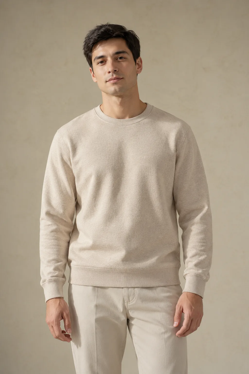 Man wearing an oatmeal French terry crew-neck sweatshirt