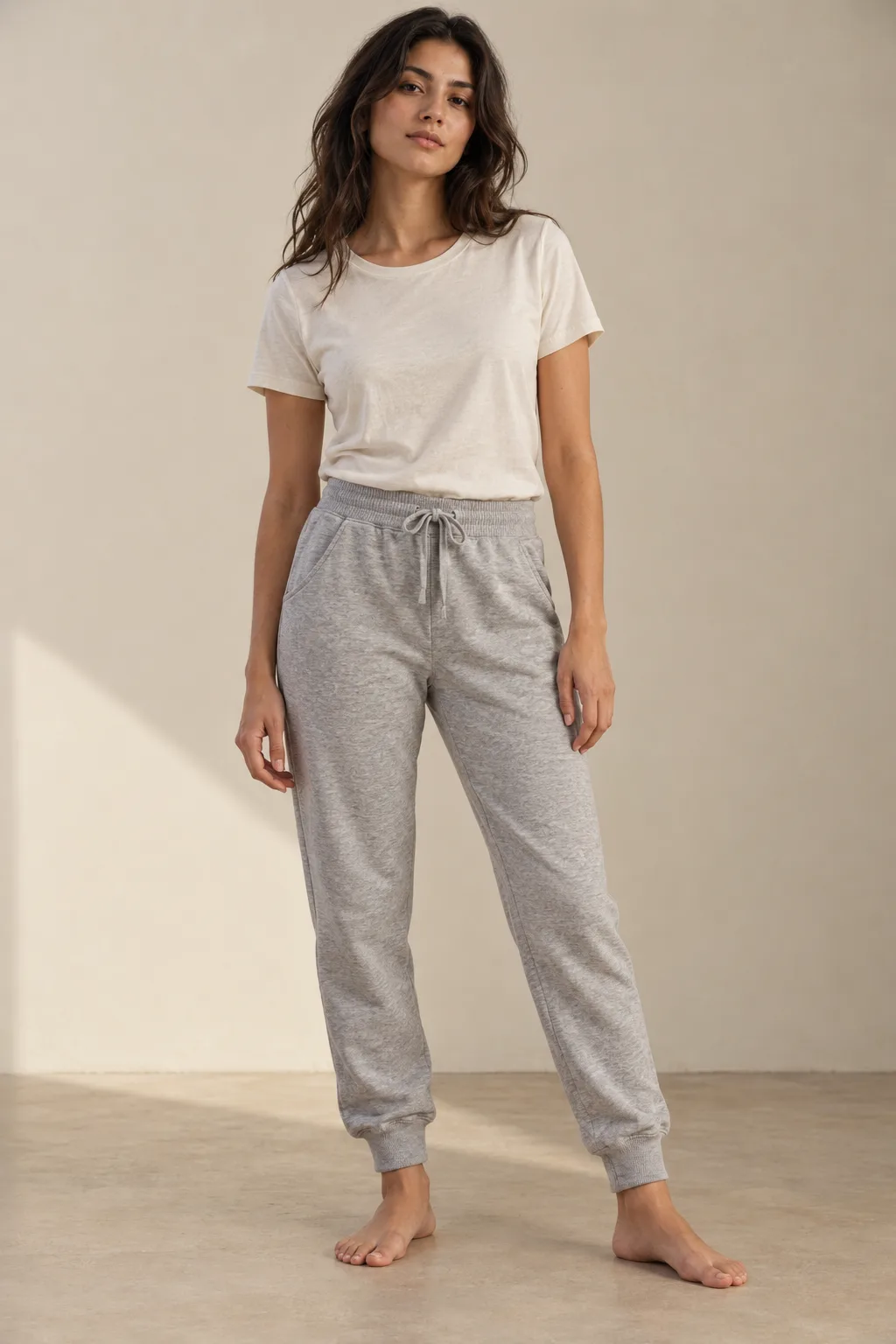 Woman wearing grey French terry joggers with a drawcord waist and cuffed ankles