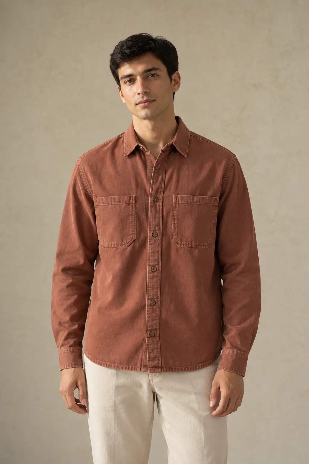 Rust cotton twill overshirt with two chest pockets