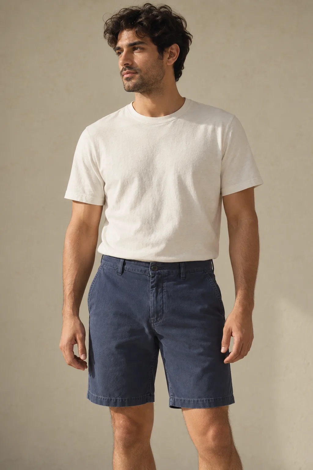 Navy chino shorts with belt loops and a button fastening
