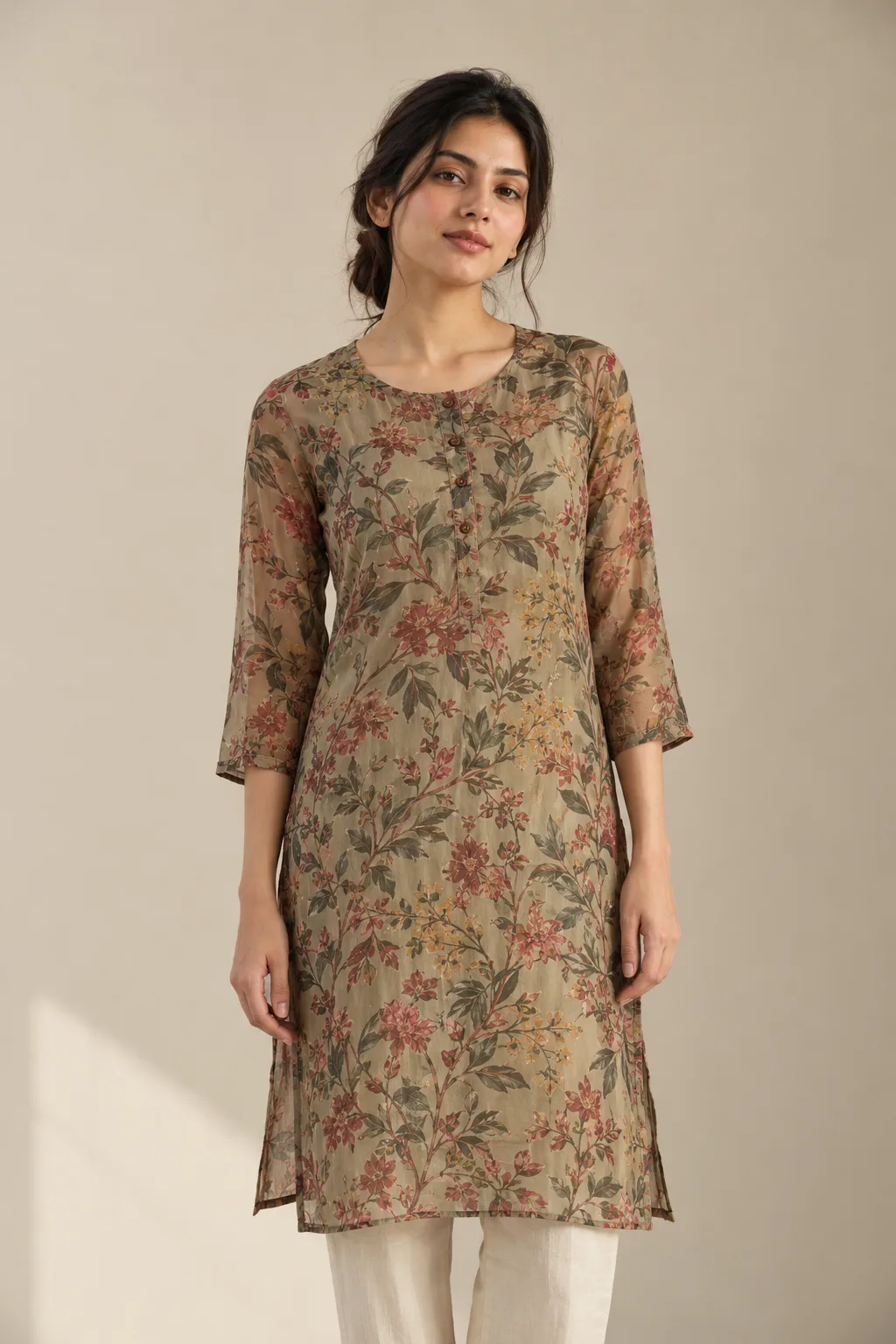 Floral georgette kurta top with three-quarter sleeves