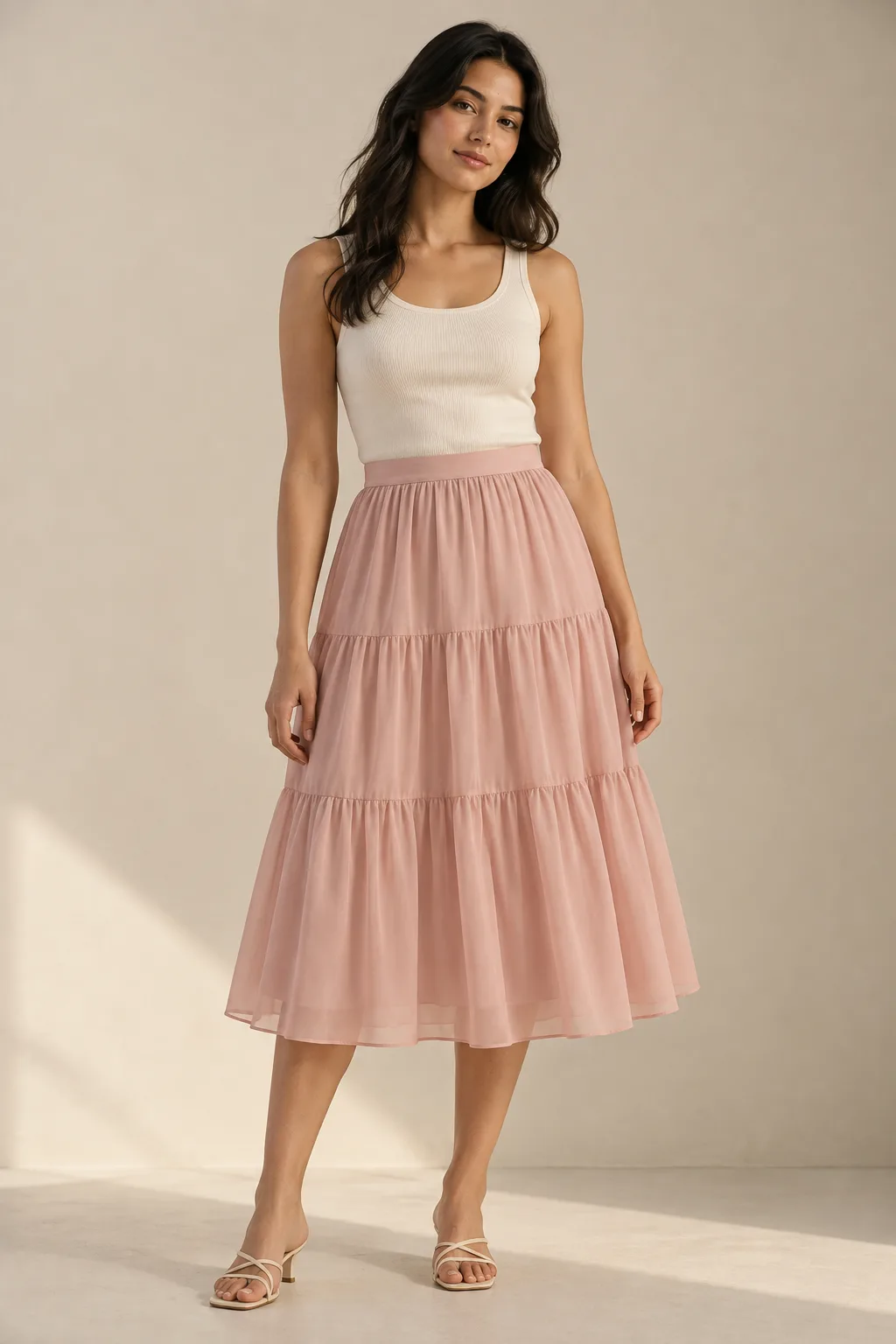 Blush tiered georgette midi skirt with a shorter inner layer