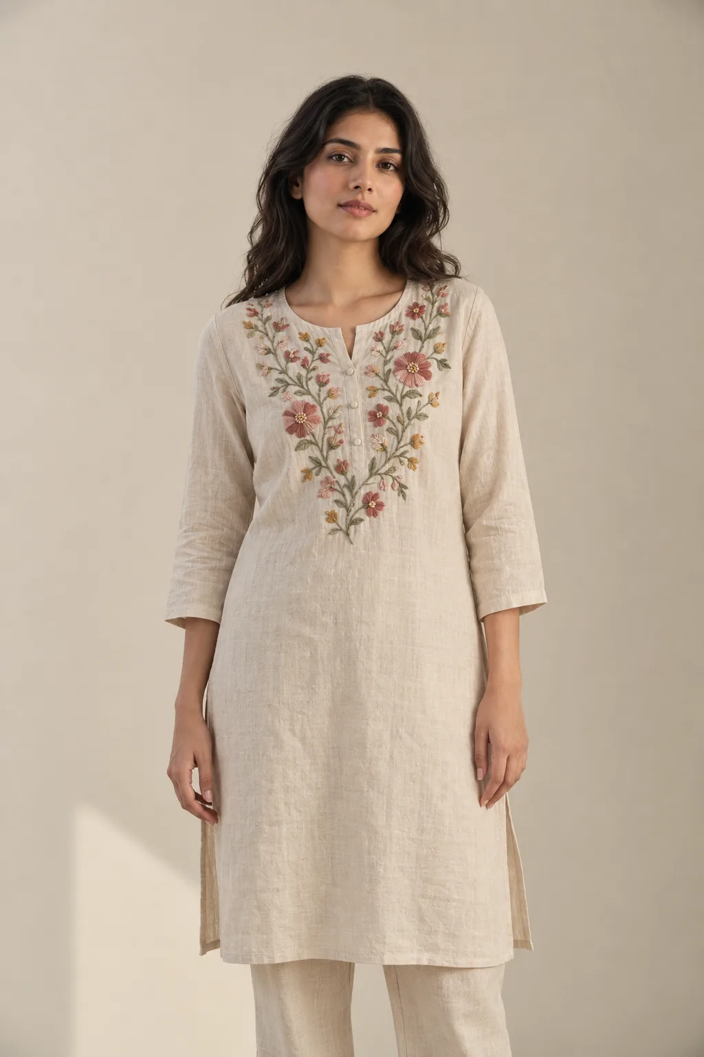 Ecru linen kurta with rose, sage and ochre floral embroidery around the placket