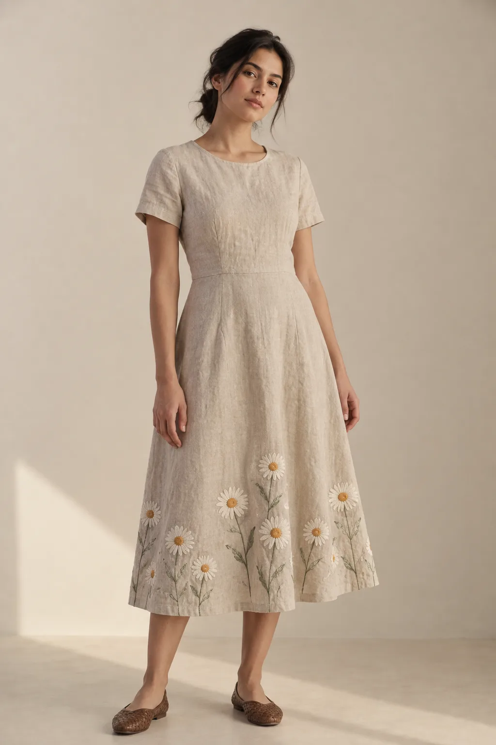 Natural linen dress with white and ochre daisies embroidered along the hem